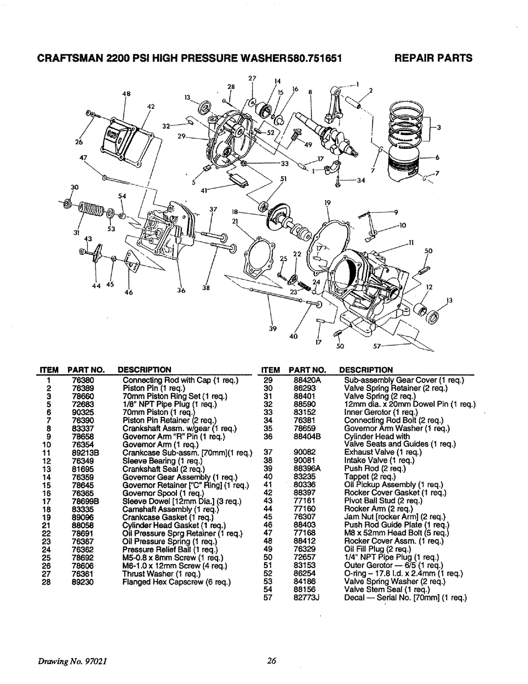 Craftsman 580.751651 ConnectingRod withCap 1 req 88420A, PistonPin 1 req 86293, 70turnPistonRing Set 1 req 88401, 90082 