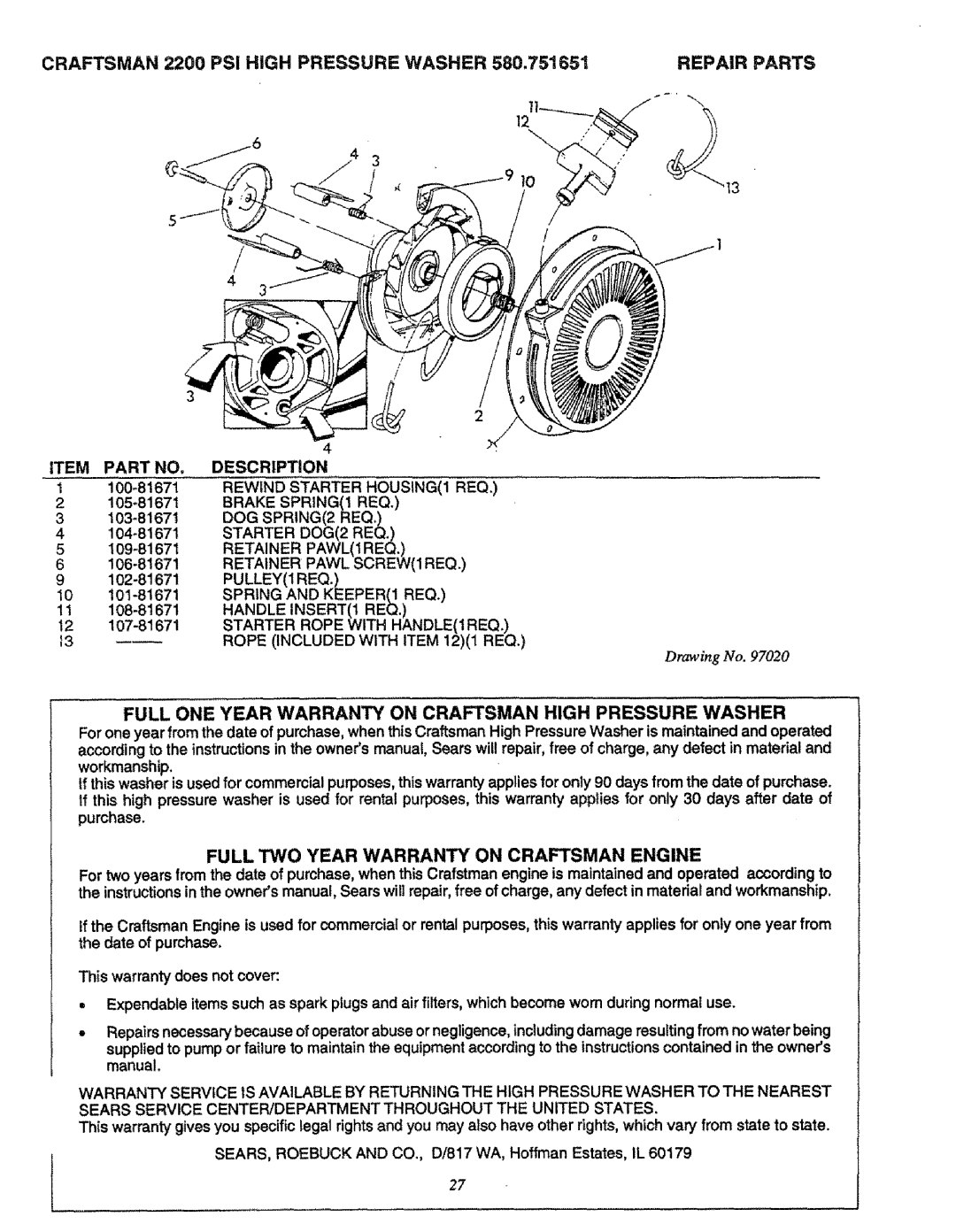 Craftsman 580.751651 owner manual Full ONE Year Warranty on Craftsman High Pressure Washer 