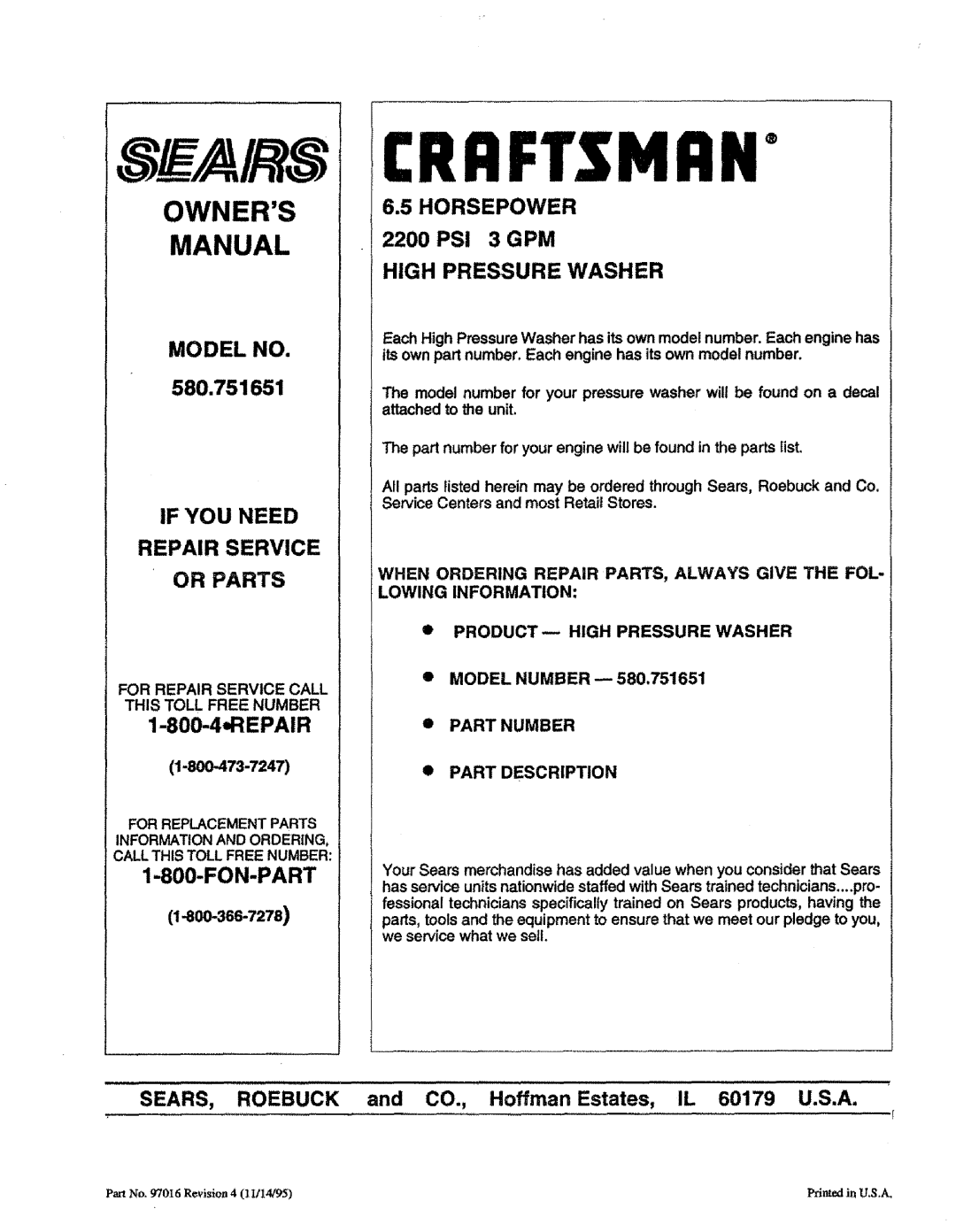 Craftsman 580.751651 owner manual Owners Manual, For Repair Service Call, Model Number, Part Number Part Description 