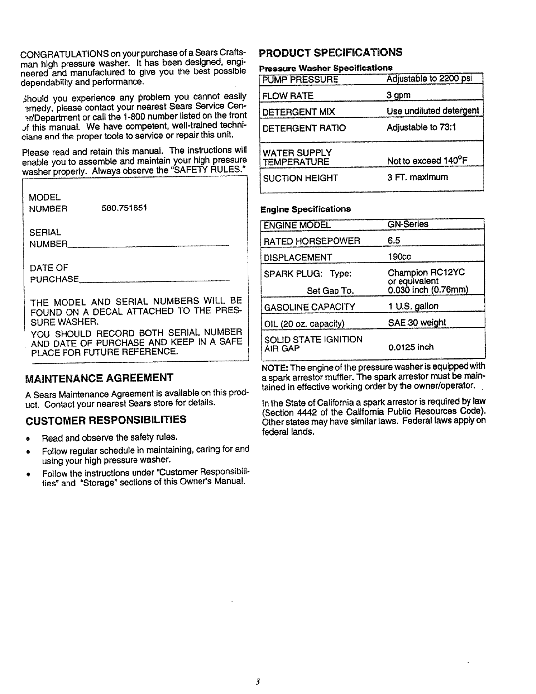 Craftsman 580.751651 owner manual Maintenance Agreement, Customer Responsibilities, Engine Model, Gasoline Capacity 