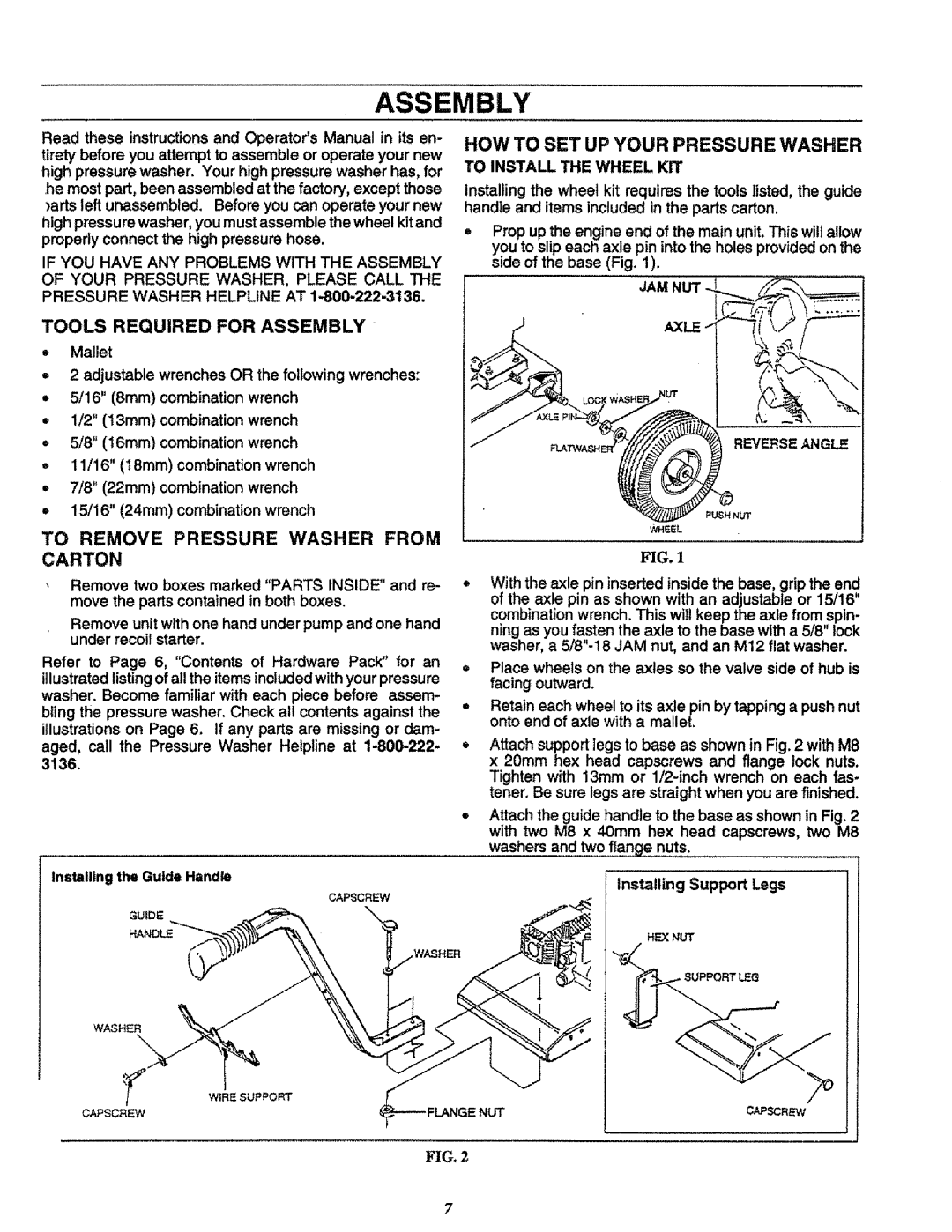 Craftsman 580.751651 Tools Required for Assembly, To Remove Pressure Washer from Carton, To Install the Wheel KIT 