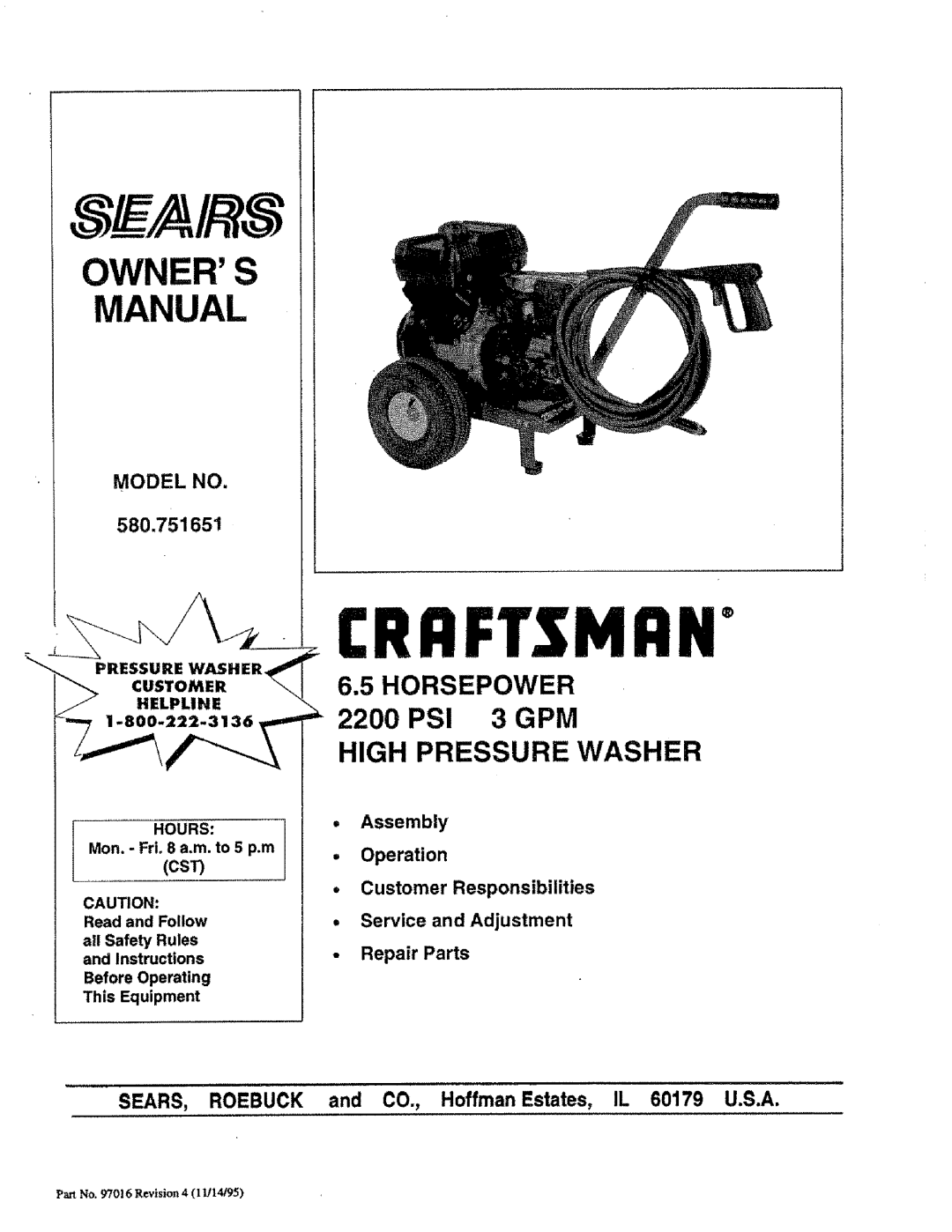 Craftsman 580.751651 owner manual MODEL NO 580.75165, Crrftsmrn, Owners Manual, Horsepower, _ Custome, 2200PSI, 3GPM 