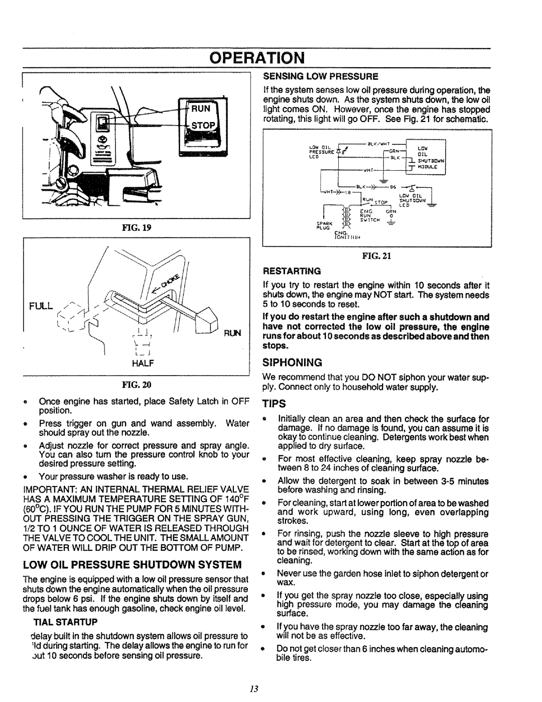 Craftsman 580.751651 owner manual Full, Low Oil Pressure Shutdown System, Siphoning, Tips, Operation, Fig 