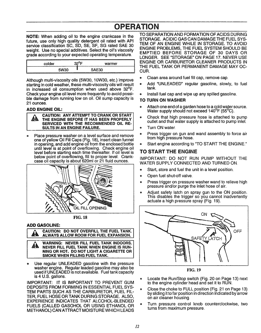 Craftsman 580.751781 owner manual ADD Engine OIL, To Turn on Washer, To Start the Engine 