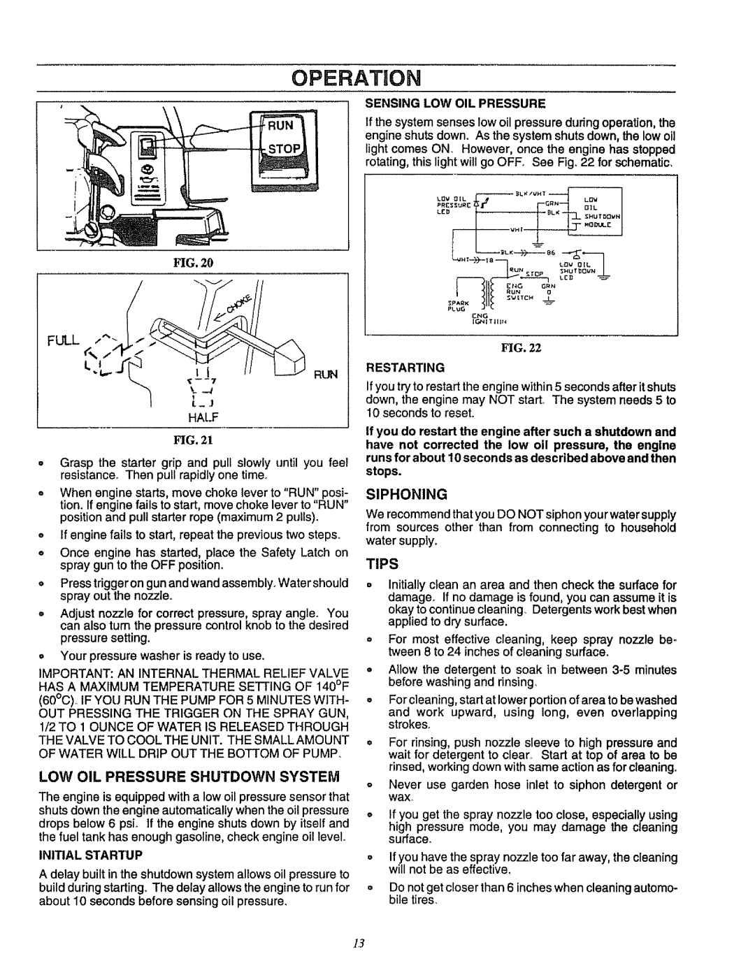 Craftsman 580.751781 owner manual LOW OIL Pressure Shutdown System, Siphoning, Tips 