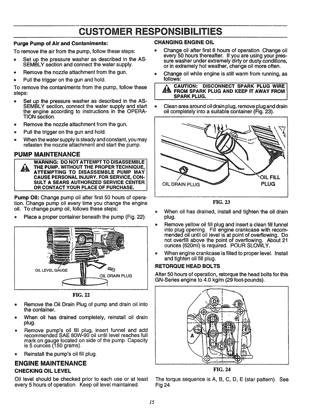 Craftsman 580.751781 Pump Maintenance, Engine Maintenance Checking OIL Level, Changing Engine OIL, IL Fill, Plug 