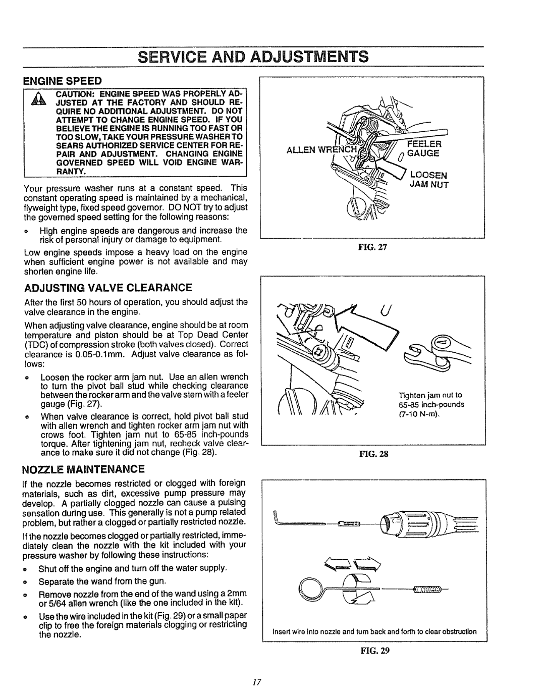 Craftsman 580.751781 owner manual Service and Adjustments, Engine Speed, Adjusting Valve Clearance, Nozzle Maintenance 