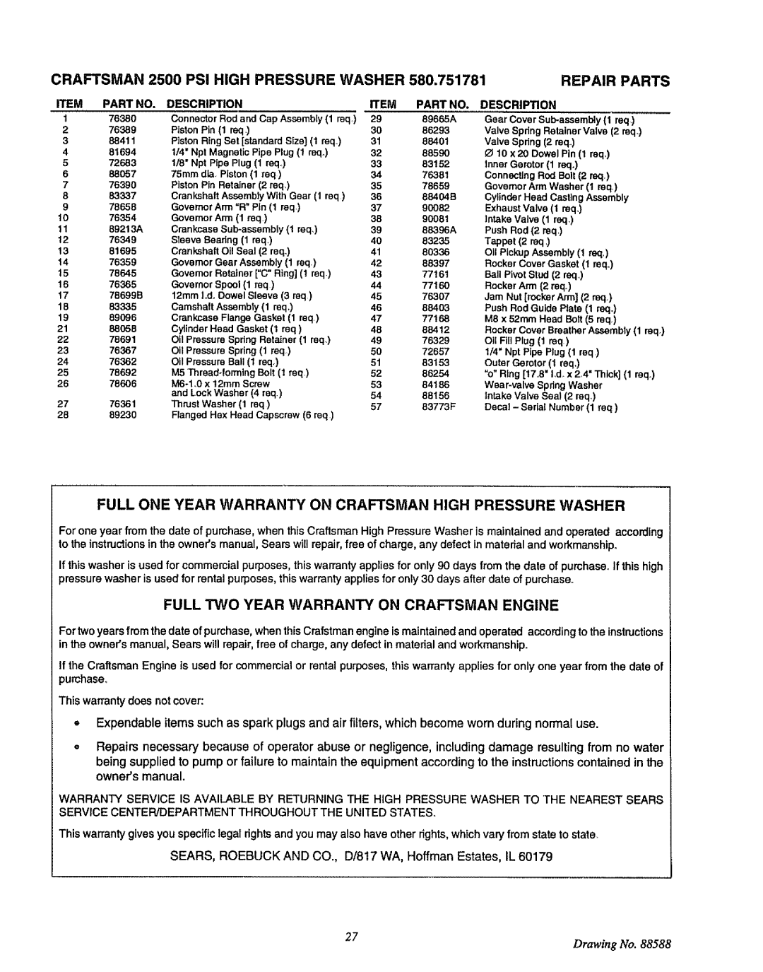 Craftsman 580.751781 Full ONE Year Warranty on Craftsman High Pressure Washer, Full TWO Year Warranty on Craftsman Engine 