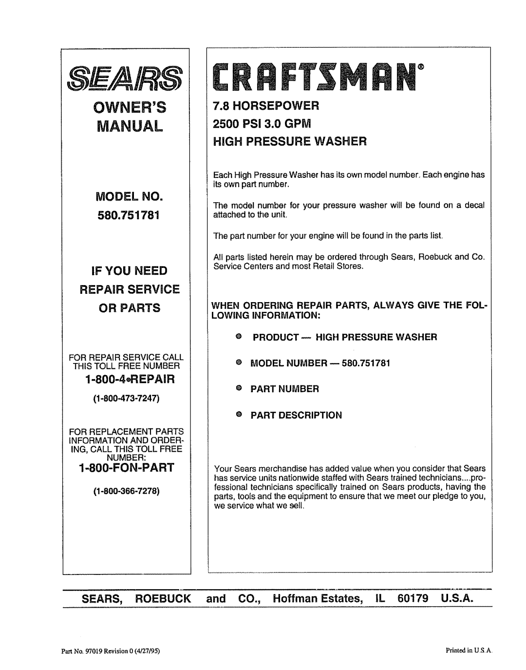 Craftsman 580.751781 owner manual For Repair Service Call this Toll Free Number, Part Description 