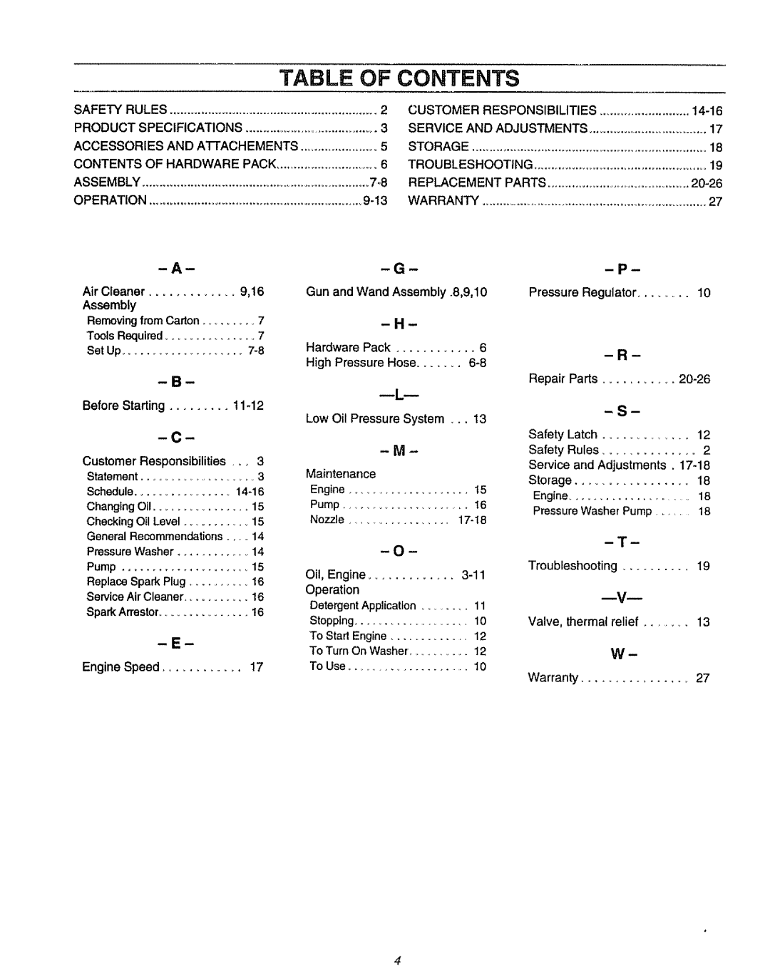 Craftsman 580.751781 owner manual Table of Contents 