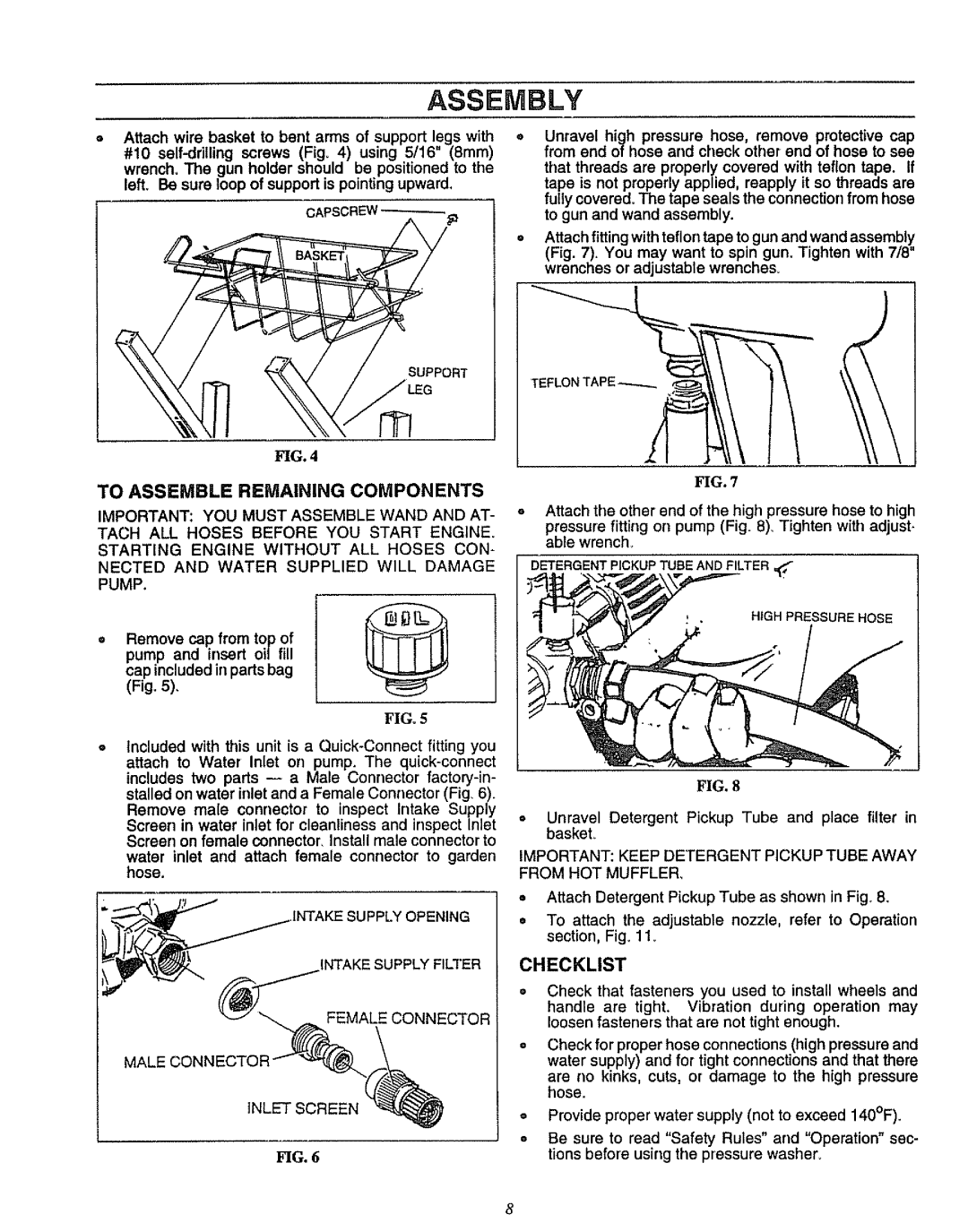 Craftsman 580.751781 To Assemble Remaining Components, Pump, Important Keep Detergent Pickup Tube Away from HOT Muffler 