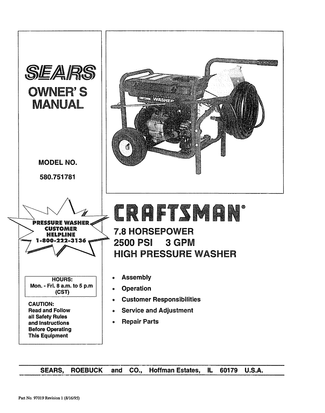Craftsman 580.751781 owner manual 7.8HORSEPOWER, HiGH PRESSURE WASHER, Model No, Assembly, Operation, Service, Repair 