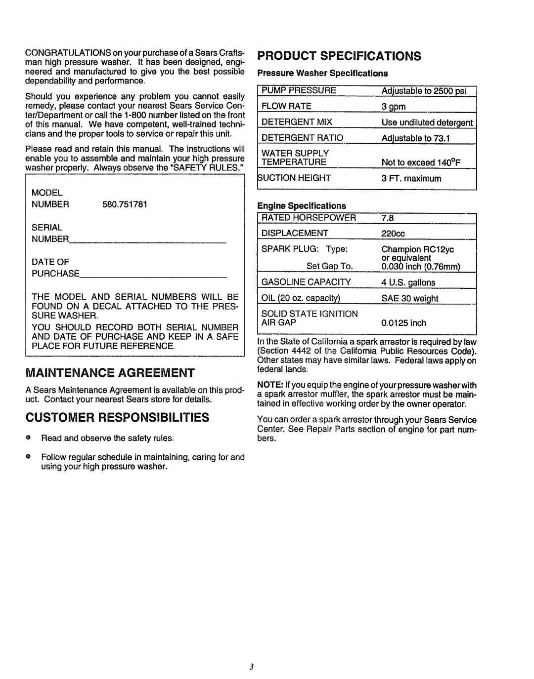 Craftsman 580.751781 owner manual Maintenance Agreement, Customer Responsibilities, Product, SPECiFICATiONS 