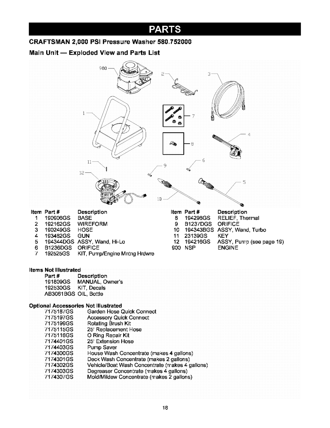 Craftsman 580.752 194298GS, 190249GS, 193482GS, 194216GS ASSY, Pump see, Part# Description 191809GS, Kit, PUmP saver 