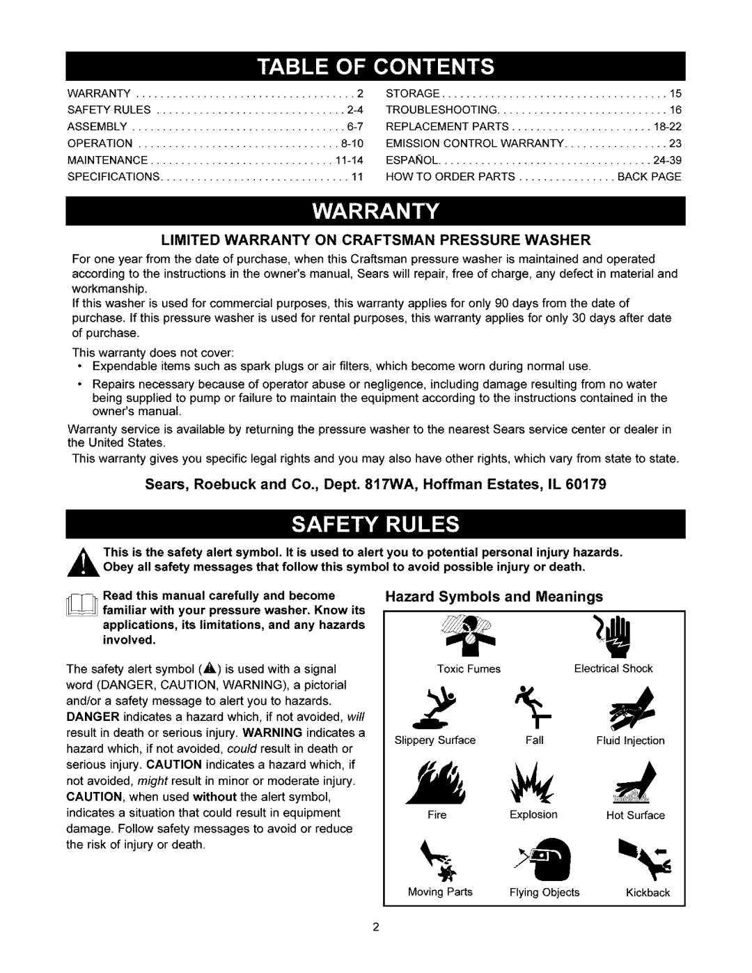 Craftsman 580.752 owner manual Sears, Roebuck and Co., Dept WA, Hoffman Estates, IL, Hazard Symbols and Meanings 