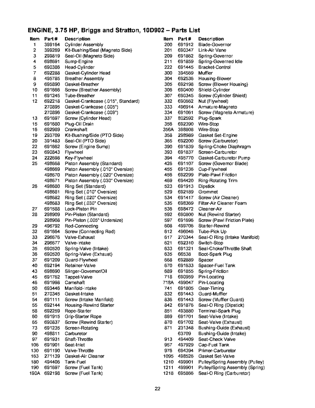 Craftsman 580.752 owner manual ENGINE, 3.75 HP, Briggs and Stratton, 10D902 Parts List 