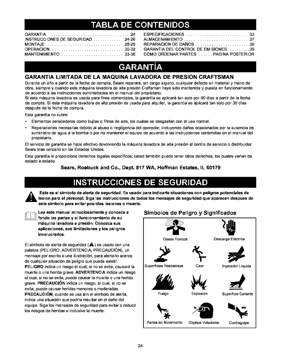 Craftsman 580.752 owner manual Simbolos de Peligro y Significados, Sears, Roebuck and Co., Dept WA, Hoffman Estates, IL 