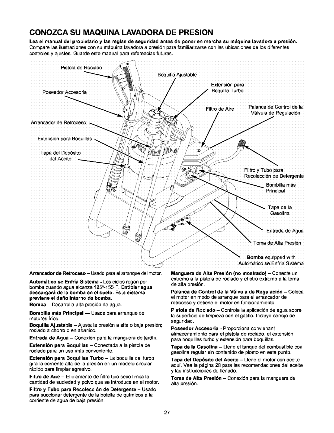 Craftsman 580.752 owner manual Conozca SU Maquina Lavadora DE Presion, Reco!e¢iOnde Detergente 