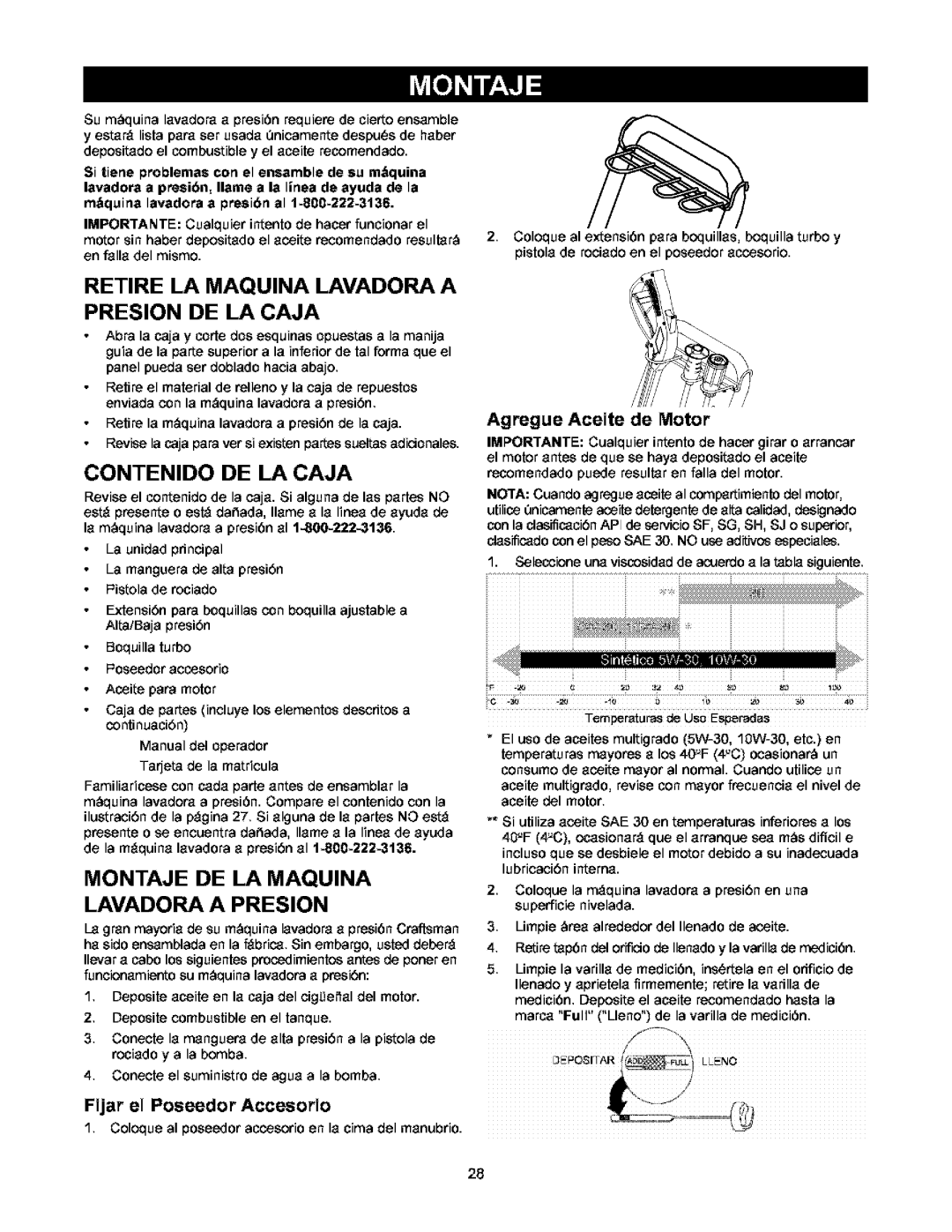 Craftsman 580.752 owner manual Contenido DE LA Caja, Montaje DE LA Maquina Lavadora a Presion, Fijar el Poseedor Accesorio 