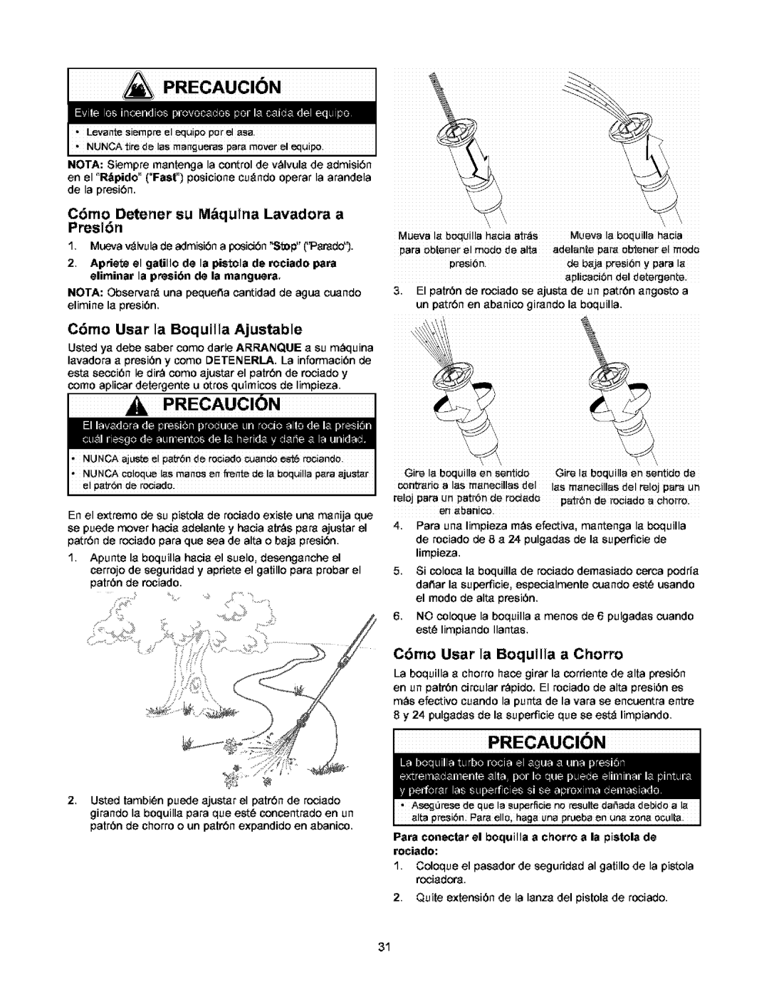 Craftsman 580.752 owner manual CSmo Detener su Mquina Lavadora a PresiSn, CSmo Usar la Boquilla Ajustable 