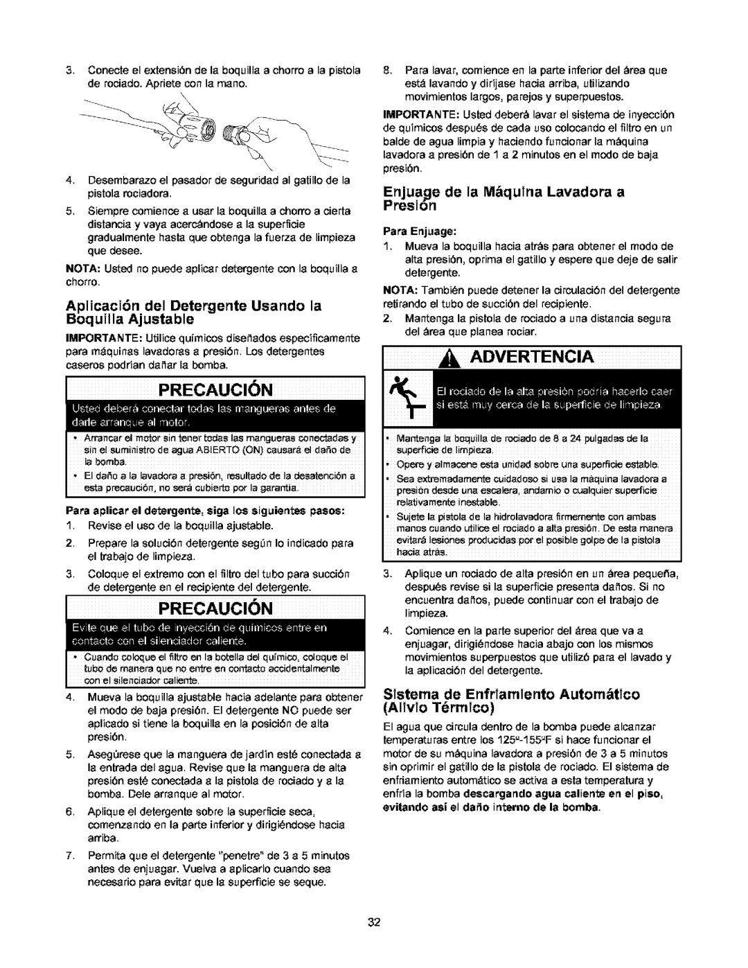 Craftsman 580.752 Aplicaci6n del Detergente Usando la Boquilla Ajustable, Enjuage de la Mbquina Lavadora a Presion 