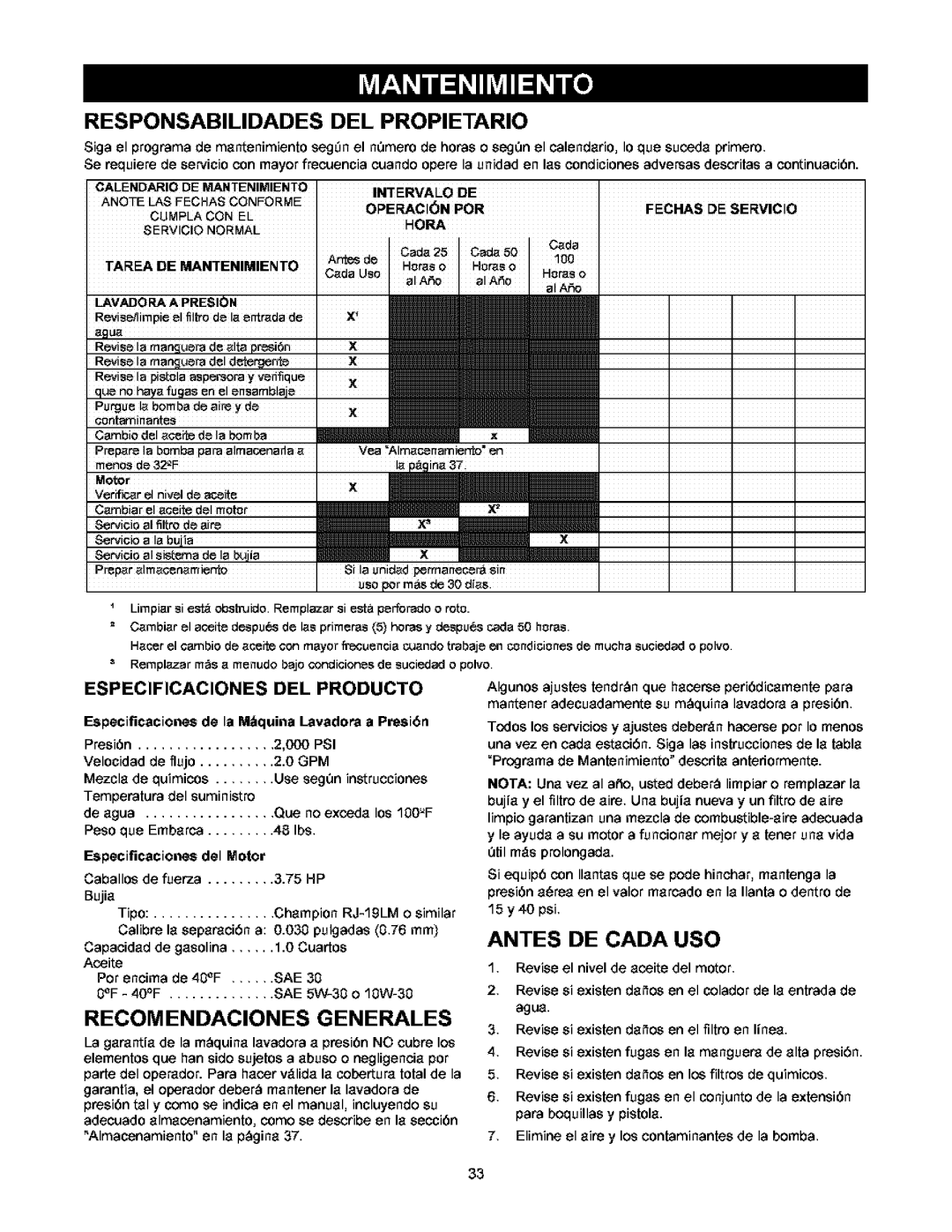 Craftsman 580.752 owner manual Responsabilidades DEL Propietario, Recomendaciones Generales 