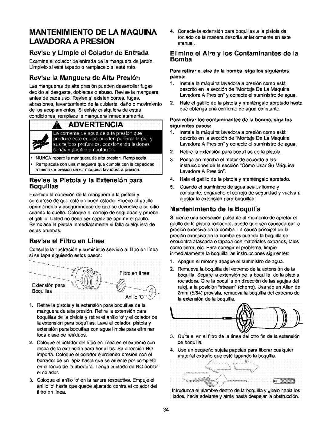 Craftsman 580.752 owner manual Mantenimiento DE LA Maquina Lavadora a Presion 