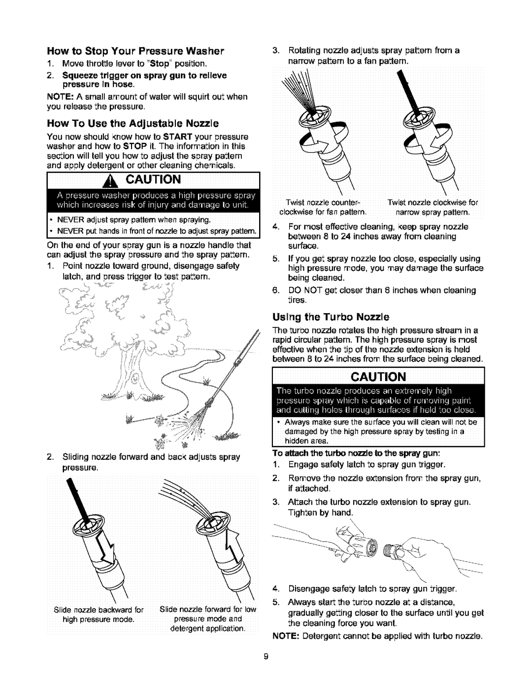 Craftsman 580.752 How To Use the Adjustable Nozzle, Detergent app!ition, Between 8 to 24 inches away from cleaning surface 