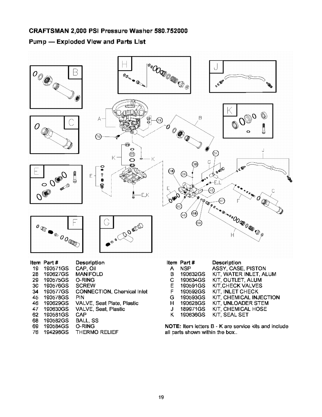 Craftsman 580.752 owner manual E,L, CRAFTSMAN 2,000 PSI Pressure Washer, Pump -- Exploded View and Parts List 