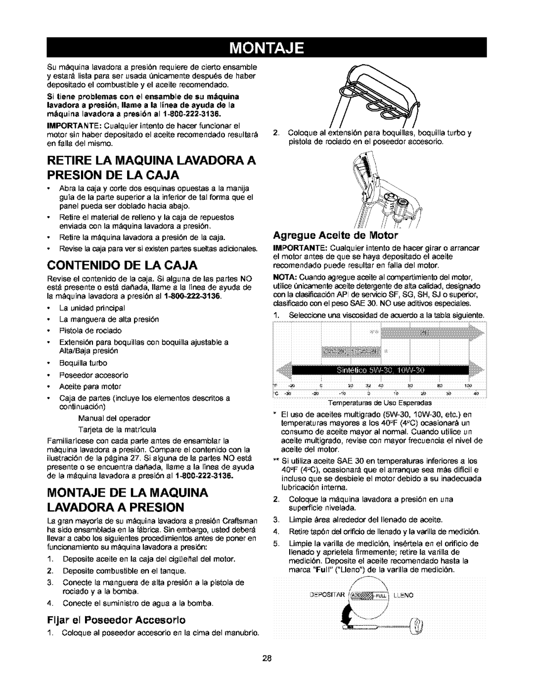 Craftsman 580.752 RETIRE LA MAQUINA LAVADORA A PRESlON DE LA CAJA, Contenido De La Caja, Fijar el Poseedor Accesorio 