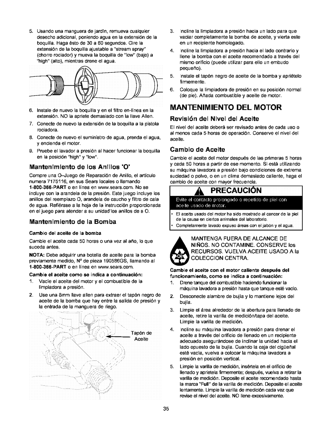 Craftsman 580.752 owner manual Precaucion, Revisi6n del Nivel del Aceite, Mantenimiento de los Anillos O, Cambio de Aceite 