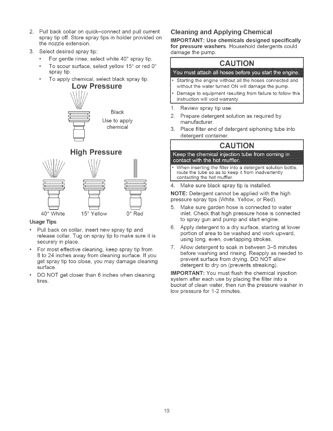 Craftsman 580.75201 owner manual Low Pressure, High Pressure, Cleaning and Applying Chemical, Black Use to apply chemical 