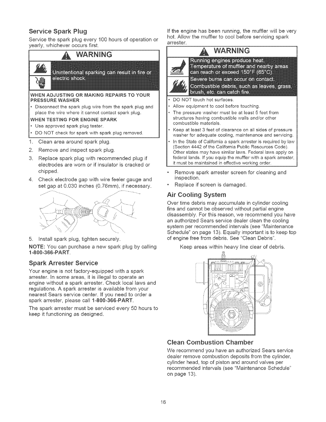 Craftsman 580.75201 owner manual Service Spark Pmug, Spark Arrester Service, Air Cooling System, Cean Combustion Chamber 