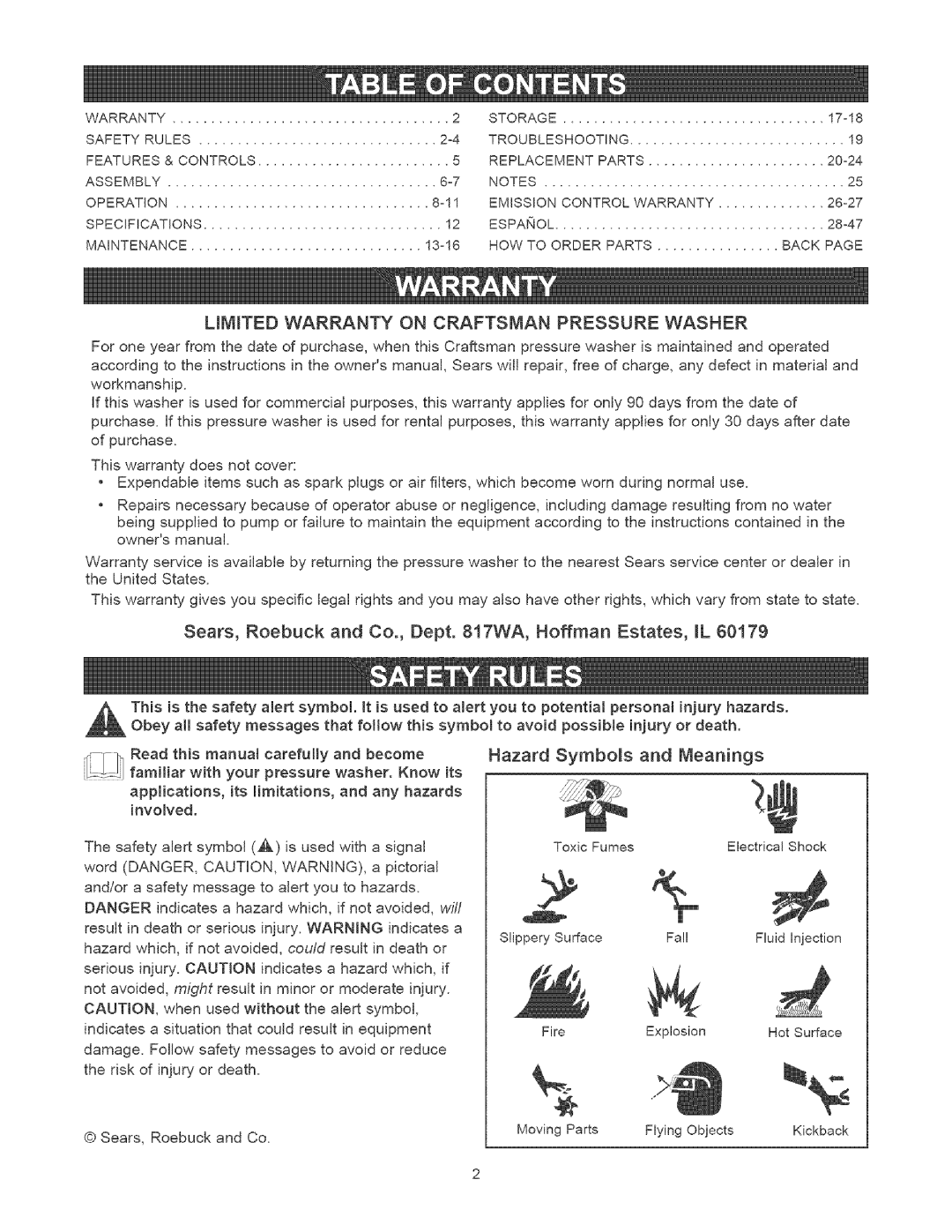 Craftsman 580.75201 owner manual Sears, Roebuck and Co., Dept WA, Hoffman Estates, IL, Hazard Symbols and Meanings 