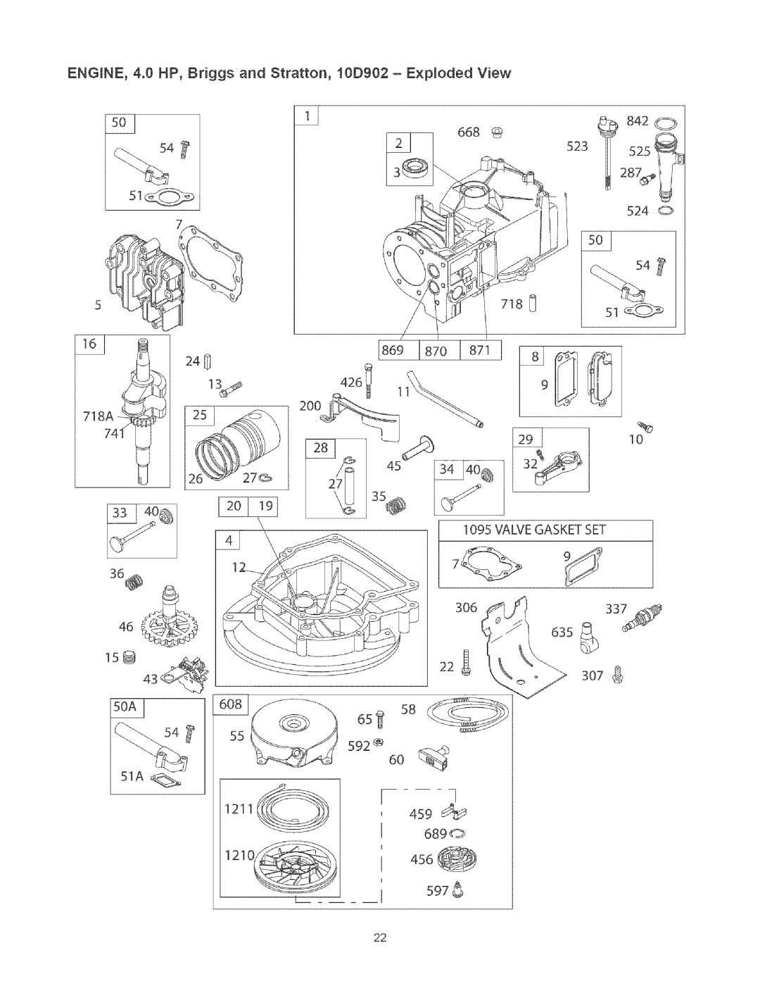 Craftsman 580.75201 owner manual Engine 4.0 HP, Briggs and Stratton, 10D902 Exploded View, 51A 1211, 459, 456 597 