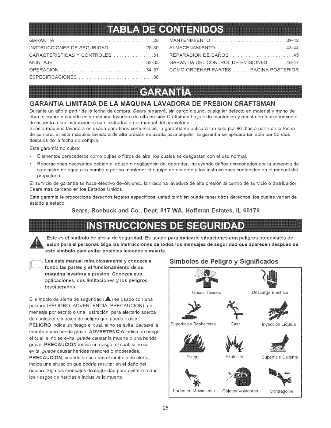 Craftsman 580.75201 Simboos de Peigro y Significados, Sears, Roebuck and Co., Dept WA, Hoffman Estates, mL60179 