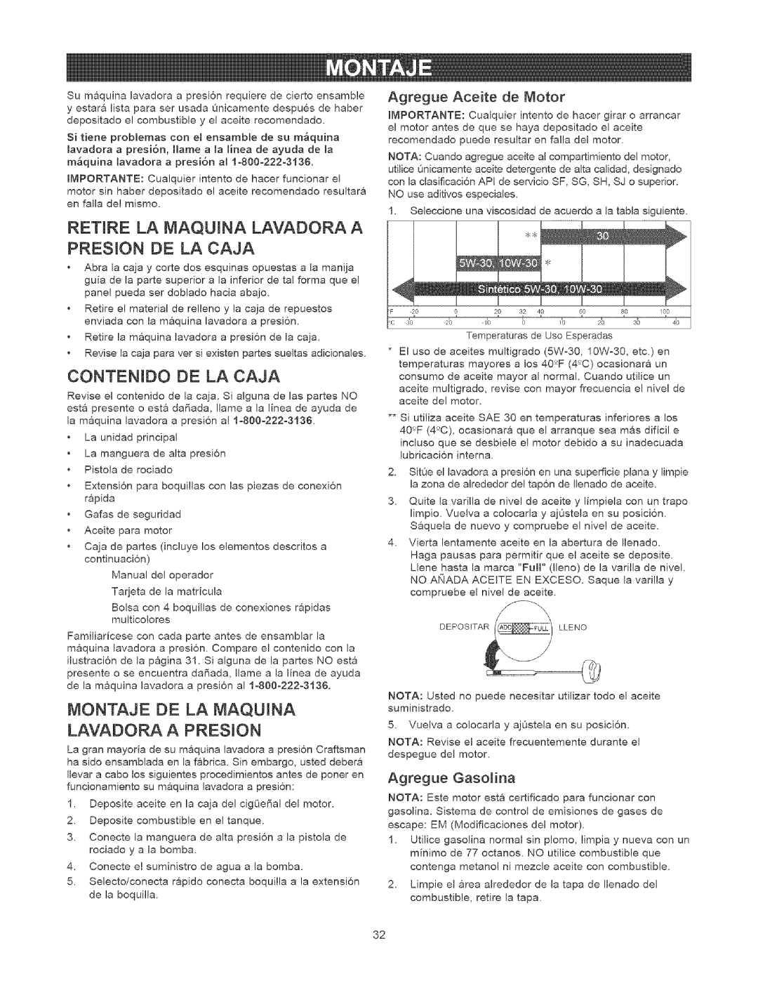 Craftsman 580.75201 Retire LA Maquna Lavadora a Preson DE LA Caja, Contenido DE LA Caja, Agregue Aceite de Motor 