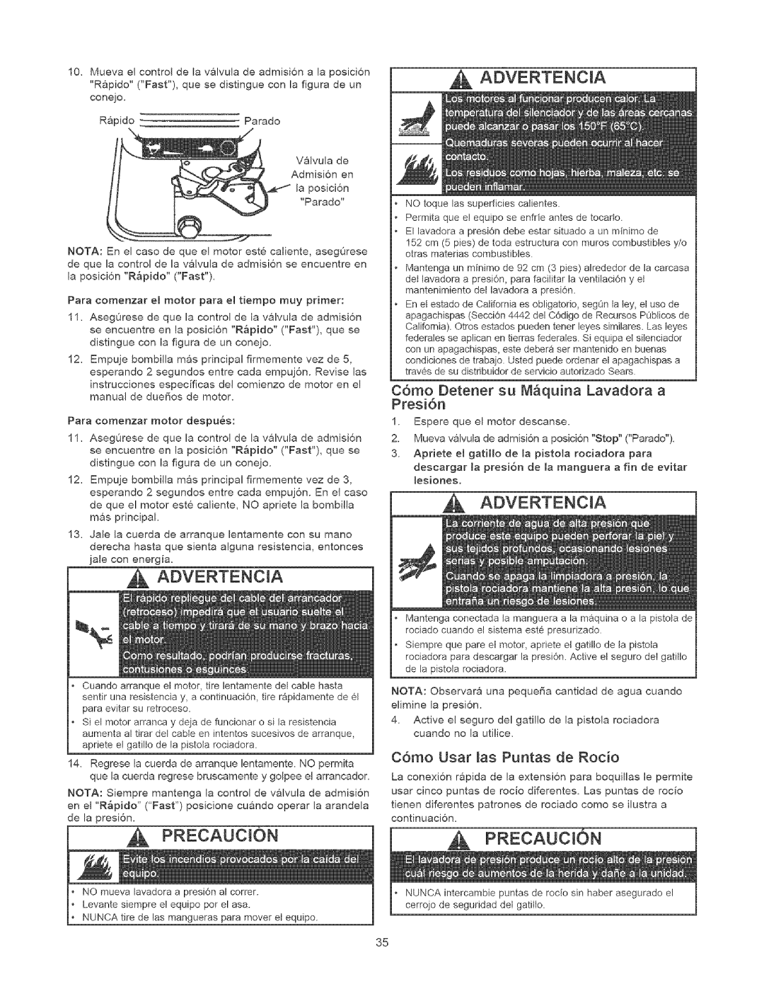 Craftsman 580.75201 owner manual PRECAUCtON1, C6mo Detener su Mquina Lavadora a Presi6n, C6mo Usar las Puntas de Rocio 