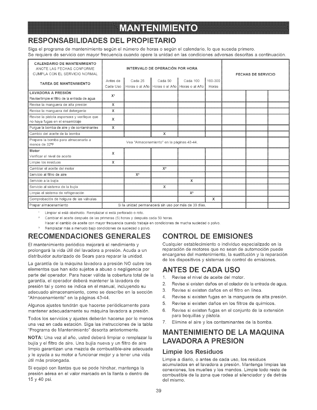 Craftsman 580.75201 RESPONSABtLIDADES DEL PROPtETARIO, RECONENDACtONES Generales, Control DE Enisiones, Antes DE Cada USO 