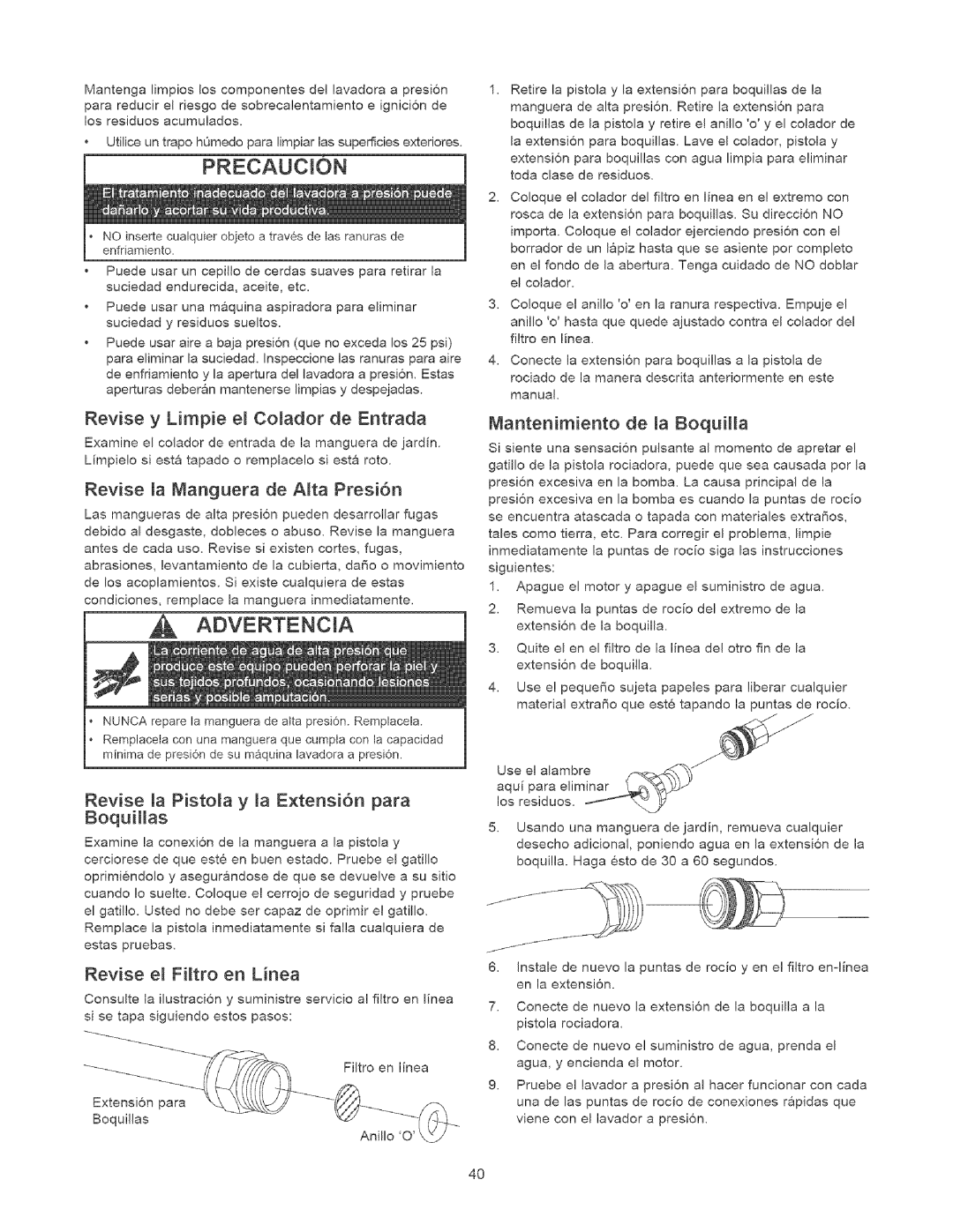 Craftsman 580.75201 owner manual Revise Limpie Colador Entrada, La Boquilla, Revise La Manguera De Alta Presi6n, Boquillas 