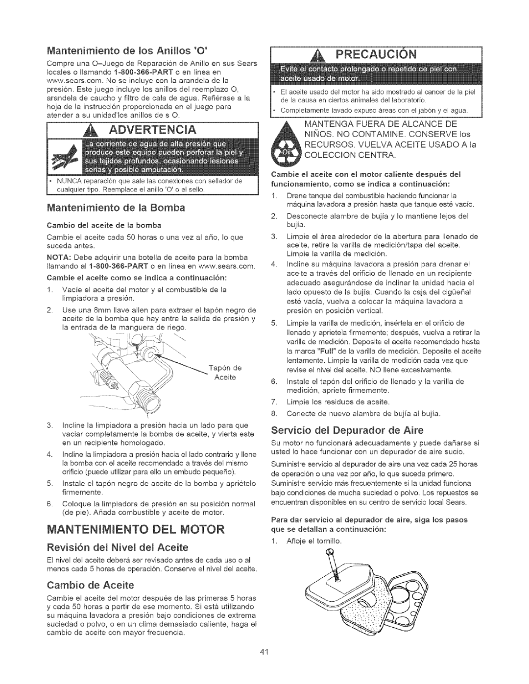 Craftsman 580.75201 owner manual Mantenjmjento DEL Motor 