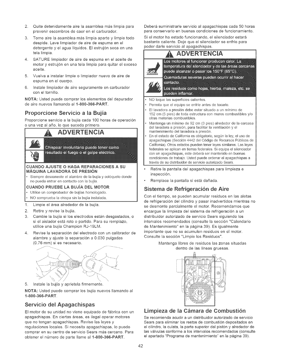 Craftsman 580.75201 owner manual Advertencja, Proporcione Servicio a la Bujia, Sistema de Refrigeraci6n de Aire 