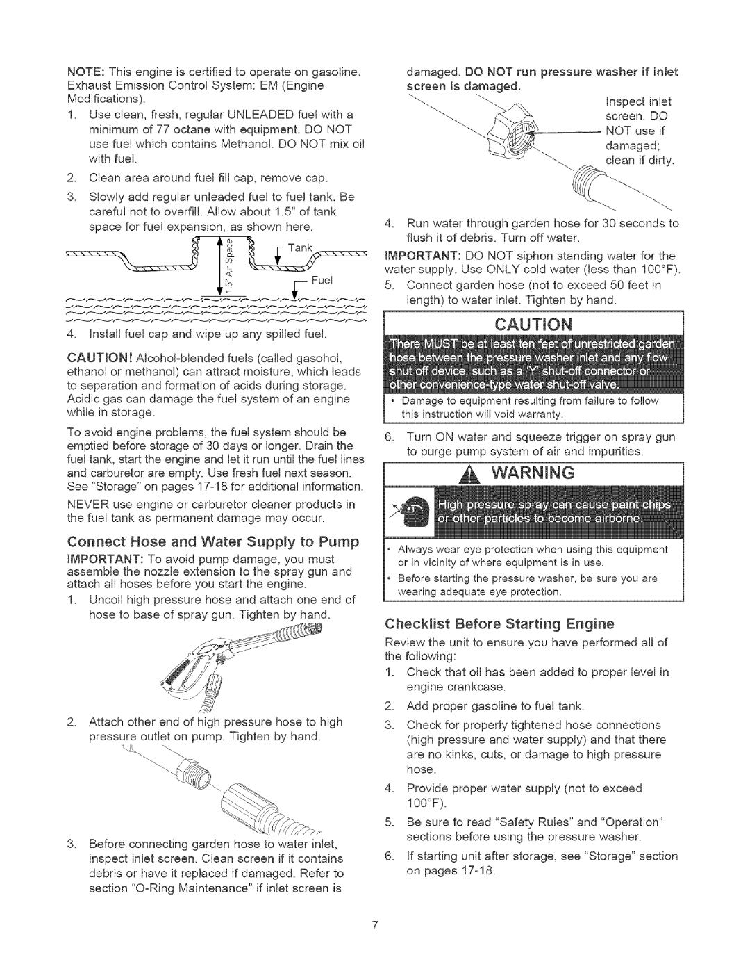 Craftsman 580.75201 owner manual Connect Hose and Water Supply to Pump, Checklist Before Starting Engine 