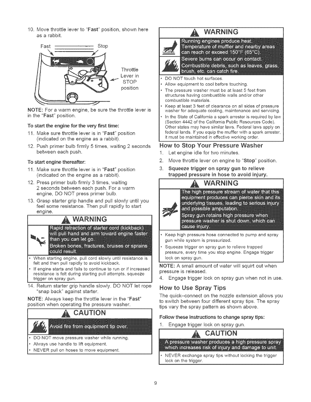 Craftsman 580.75201 owner manual How to Stop Your Pressure Washer, How to Use Spray Tips 