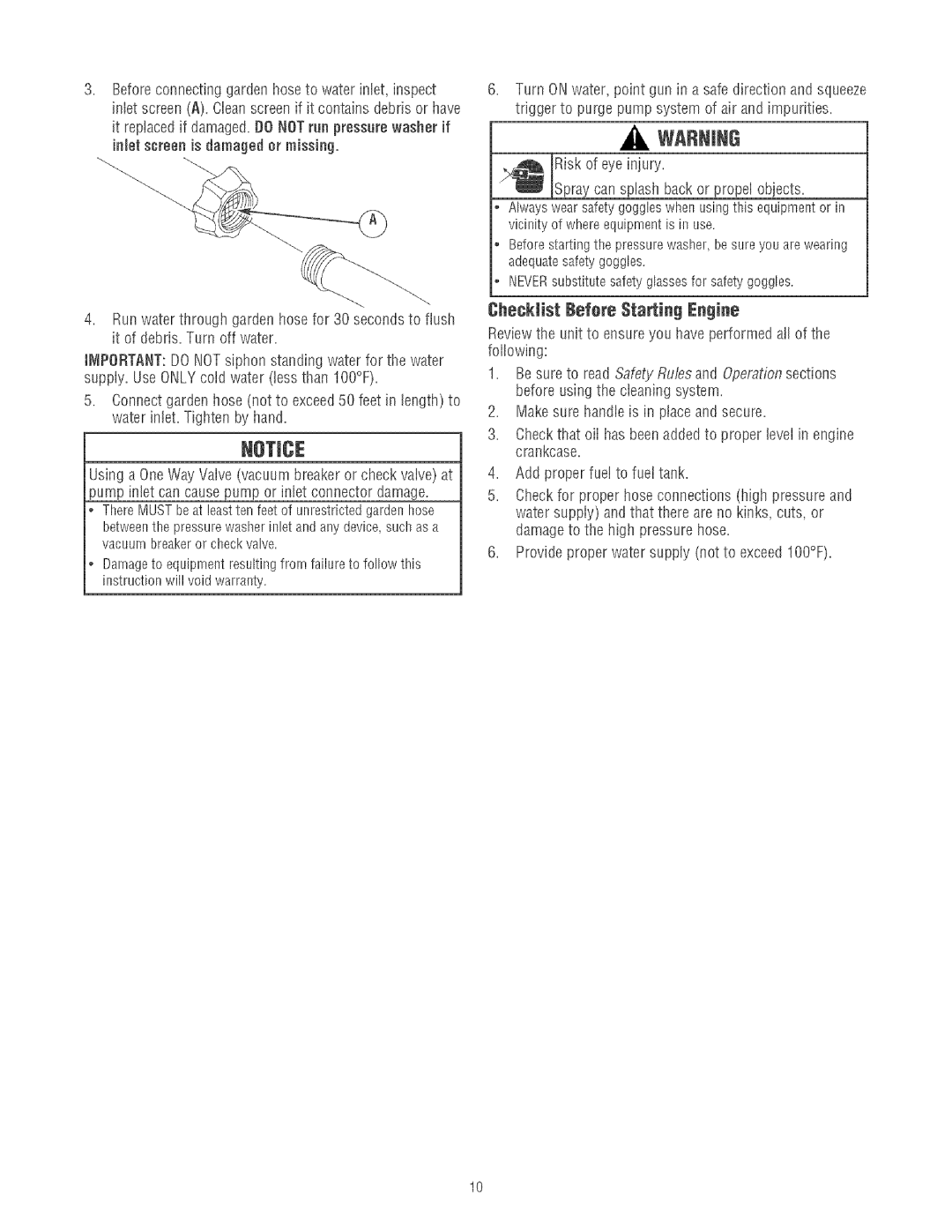 Craftsman 580.75213 manual Checklist Before Starting Engine 