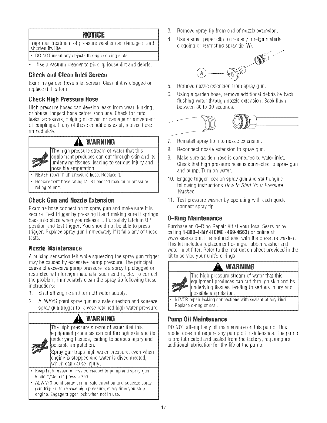 Craftsman 580.75213 manual Check and Cmeannet Screen, Check High Pressure Hese, Check Gun and NezzJe Extensien 