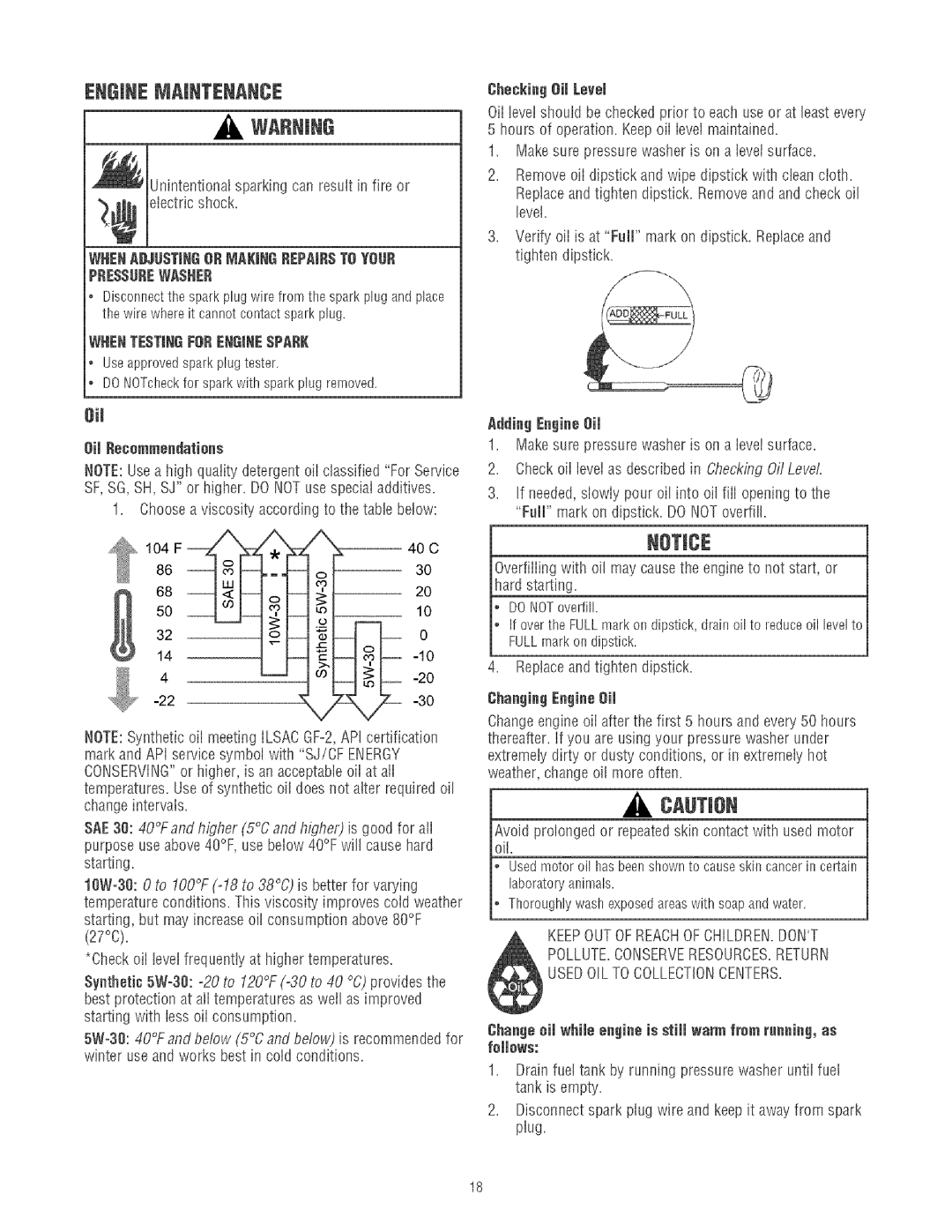 Craftsman 580.75213 manual Enginemaintenance, Ell, WidENTESTINGFORENGINESPARE, CheckingOil Level, ChangingEngineOil 