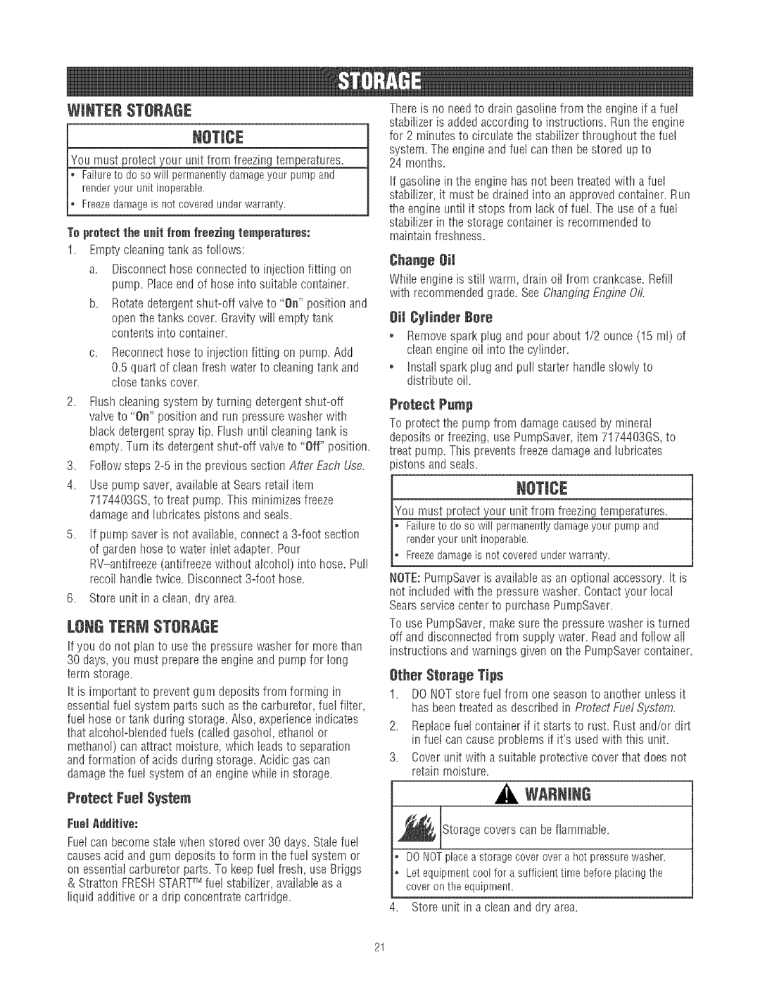 Craftsman 580.75213 manual Winterstorage, Loneterj Storage, Pretect Fnel System, Change eiJ, Pretect Primp 