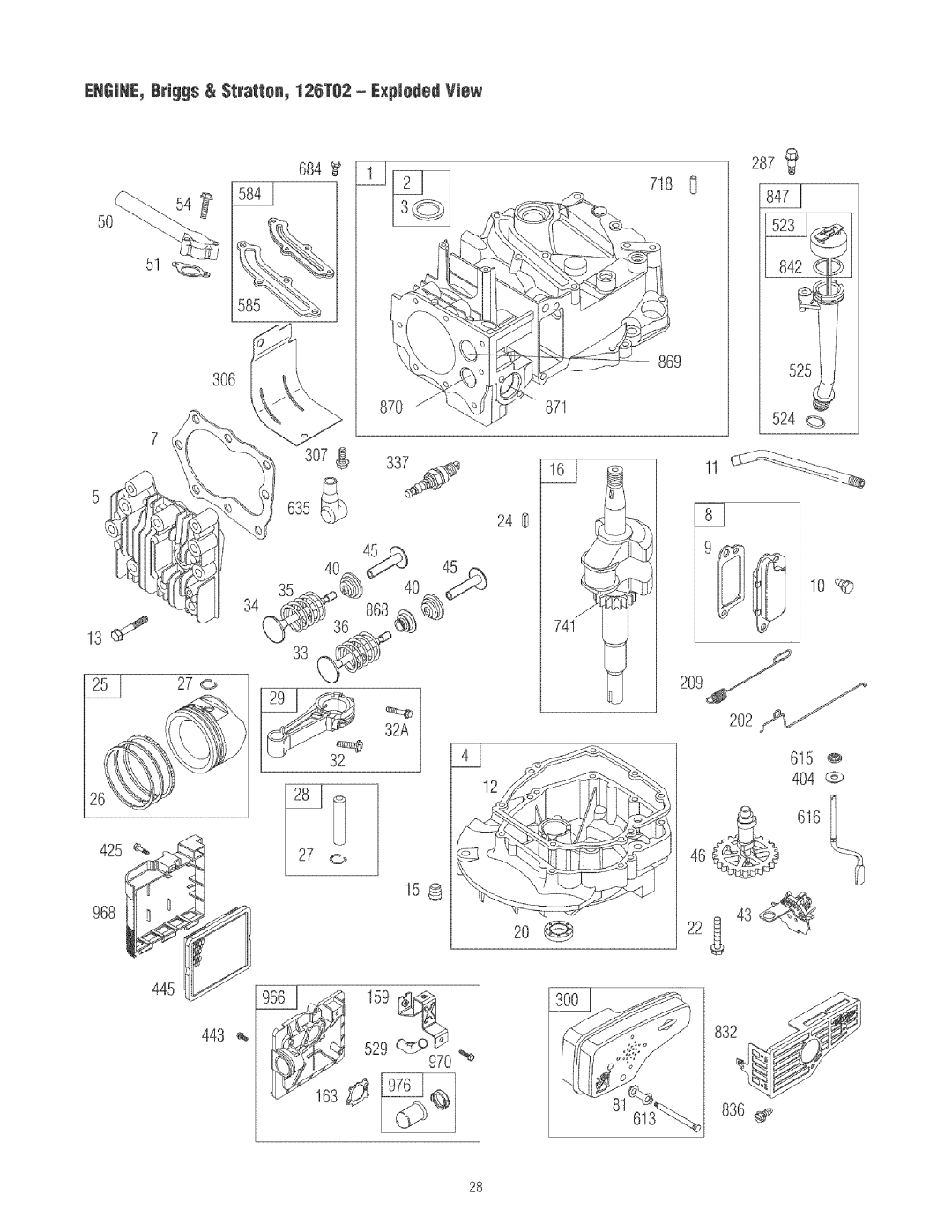 Craftsman 580.75213 ENGINE, BrJggs & Stratton, 126T02 ExpJodedView 684 718 869, 87O 871 741, 968, 445 615 4O4 616 443 