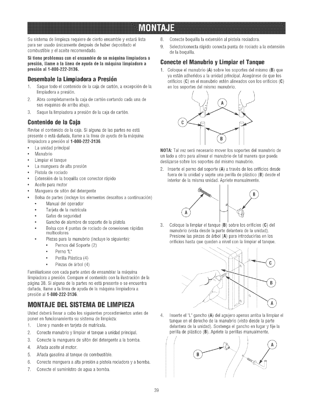 Craftsman 580.75213 manual MONTA,JEDEL$1$TEMA DE Limpieza, Desembale Ja Limpiadera a Presin, Centenide de Ja Caja 